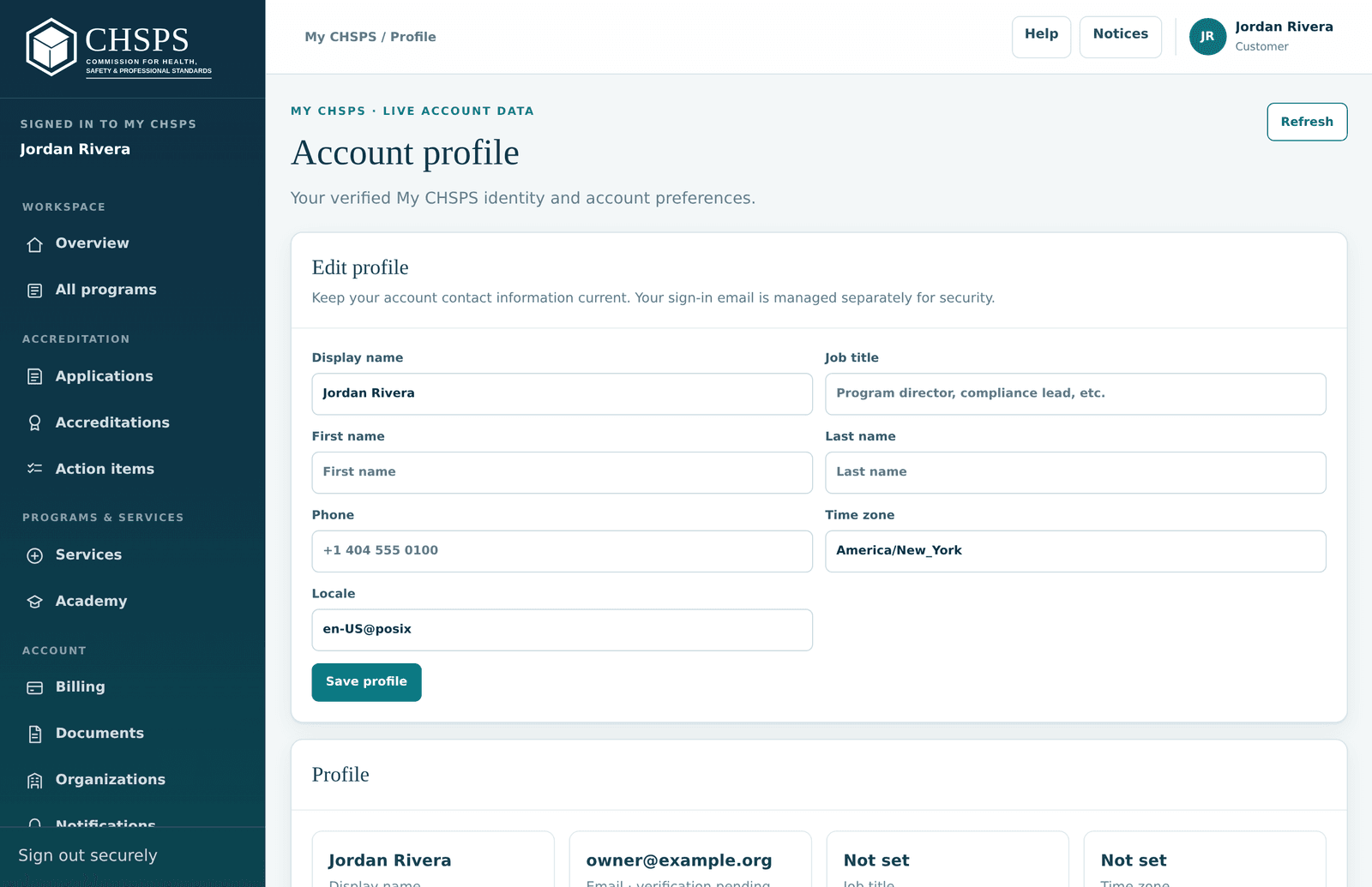 The account profile page in My CHSPS