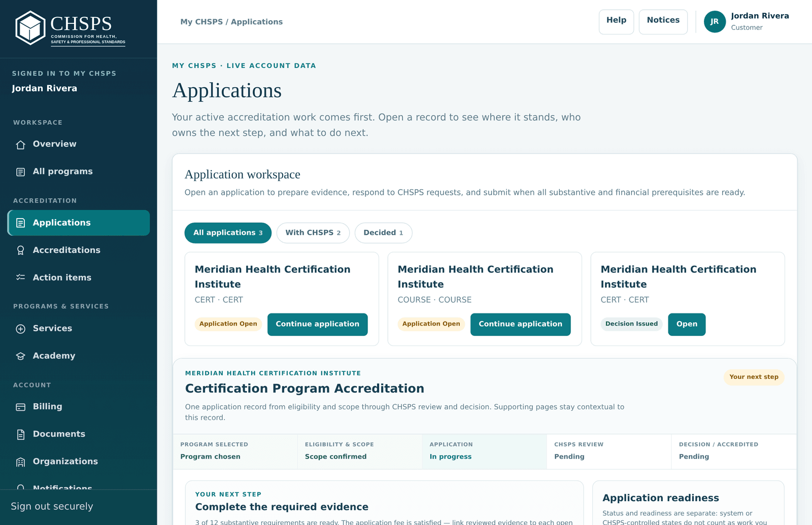 An application record showing the per-domain evidence checklist