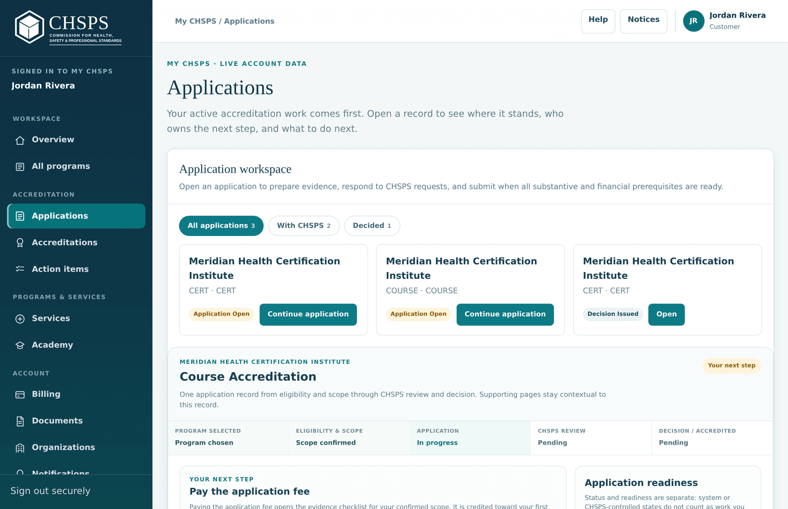 An application record showing the Pay the application fee next step