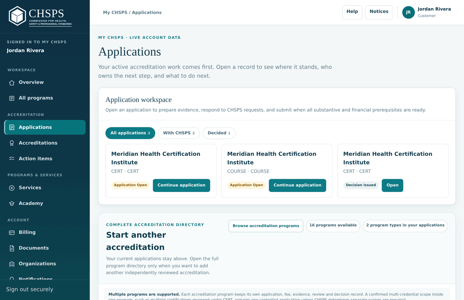 The Applications workspace with stage filter tabs and application cards