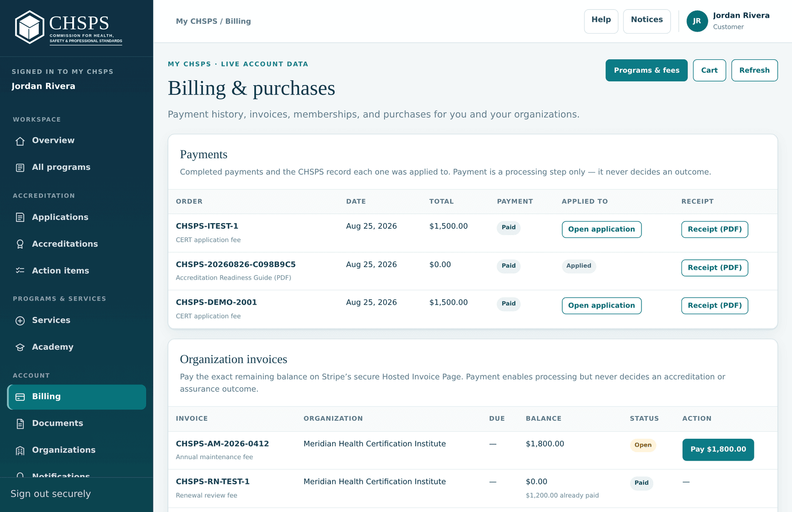 The Billing page listing invoices and PDF receipts