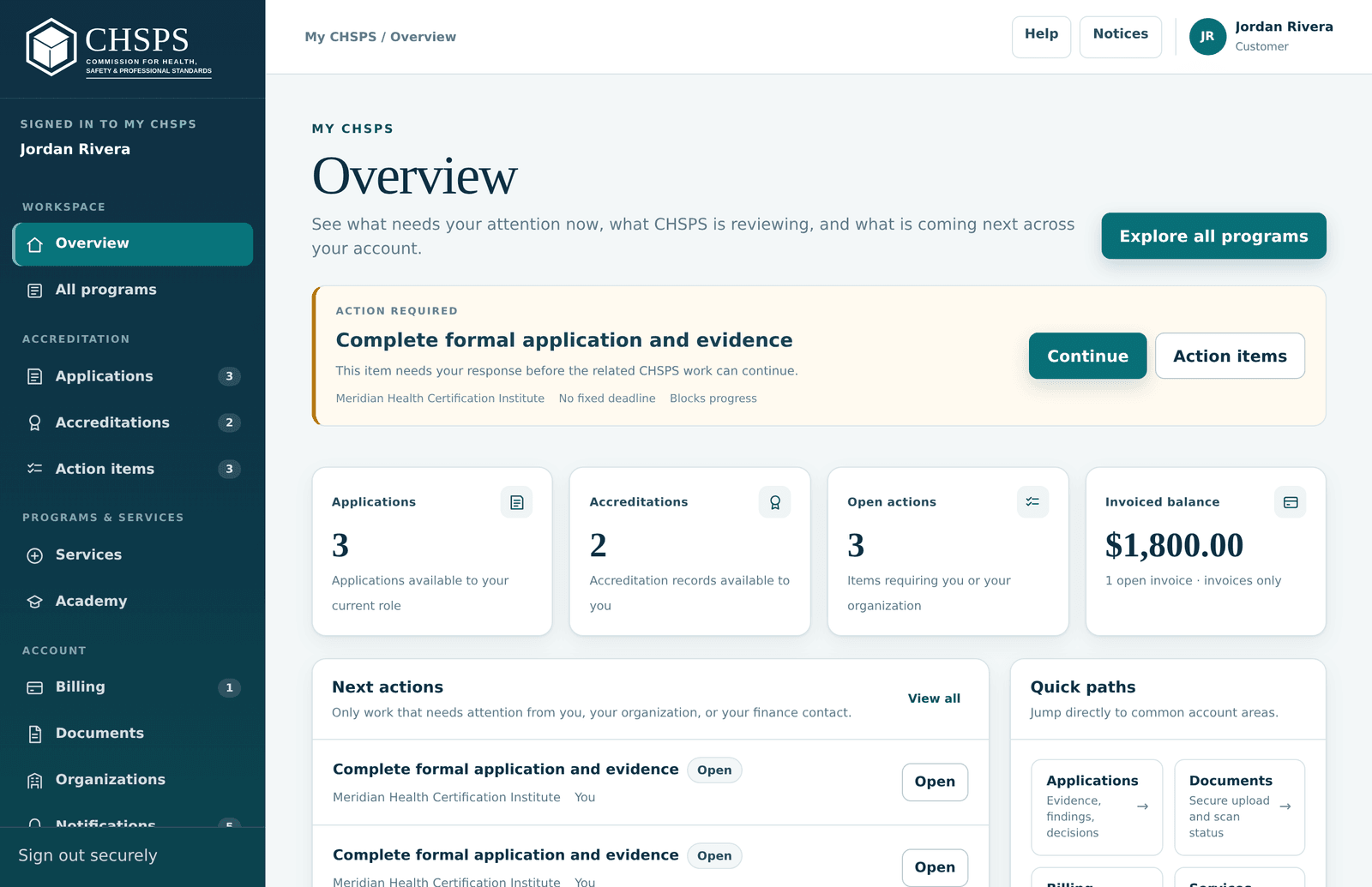The My CHSPS dashboard with sidebar navigation and the next-step focus card