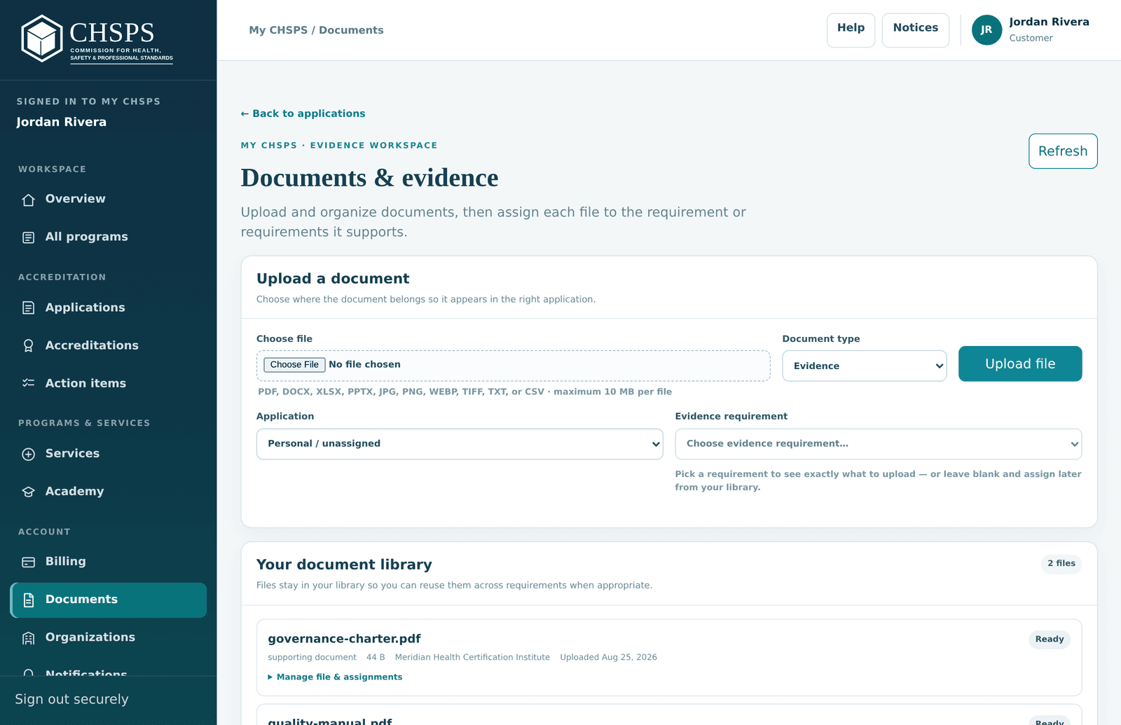 The Documents and evidence page with the upload form and library