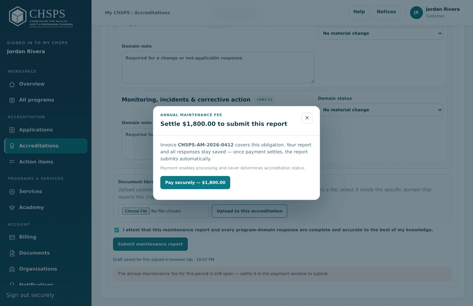 The annual fee payment window that opens from the maintenance submit button