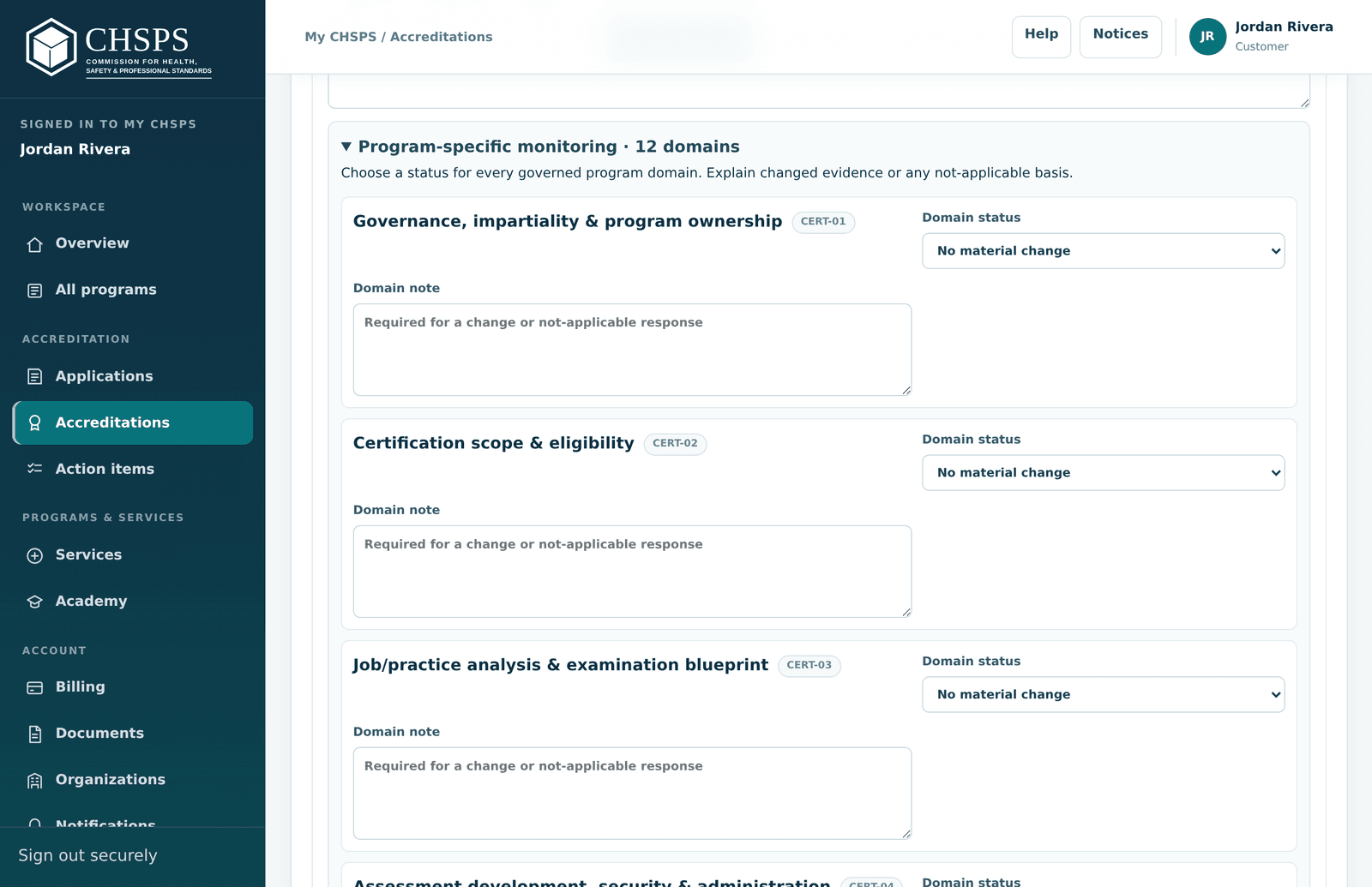 Per-domain status selectors on the annual maintenance report