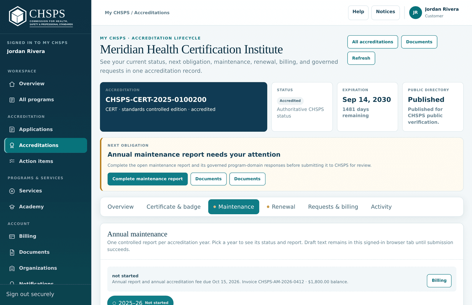 The Maintenance tab showing the open reporting period and guided form