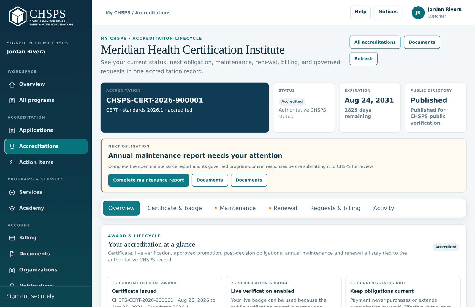 An accreditation record with its tab bar and identity card