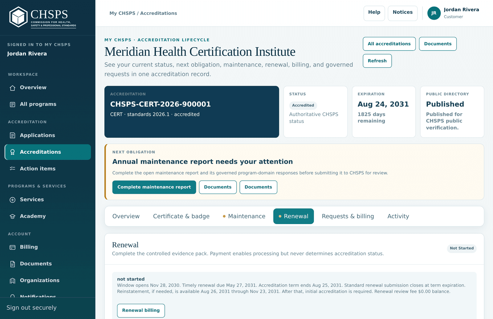 The Renewal tab of an accreditation record