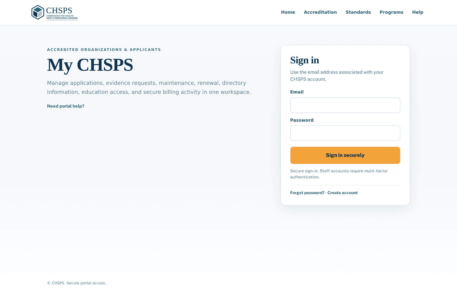 The My CHSPS sign-in page with email and password fields