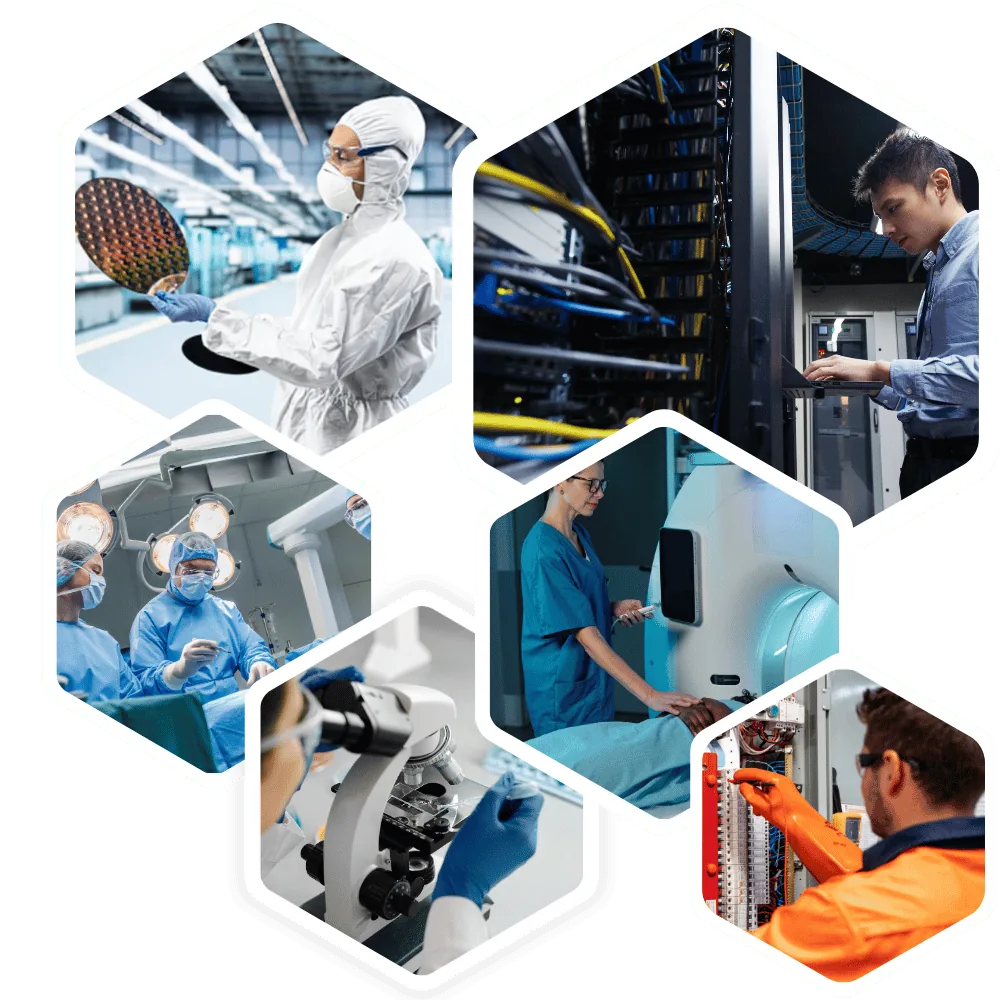 Collage of professionals in healthcare, safety, technology, laboratory, and quality roles served by CHSPS